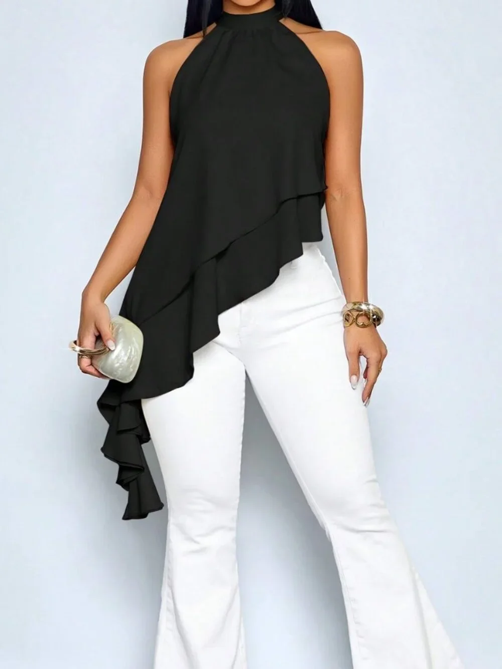 Black Casual Women's Asymmetric Flowing Halter Neck Ruffle Hem Blouse